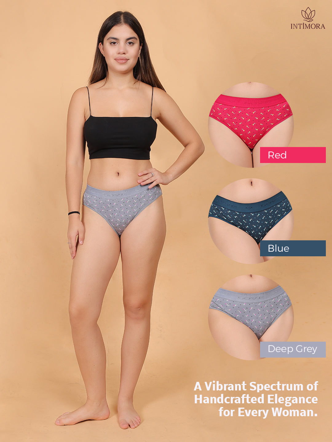 Yonika Love printed mid-rise panties pack of 3 in red blue and deep grey with broad elastic waistband