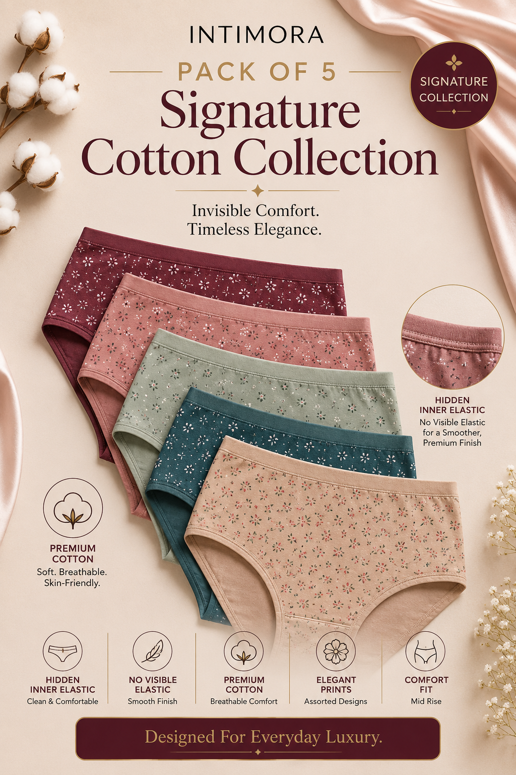 INTIMORA Yonika Signature Premium Cotton Printed Panties Pack of 5 (Assorted Colors & Prints)