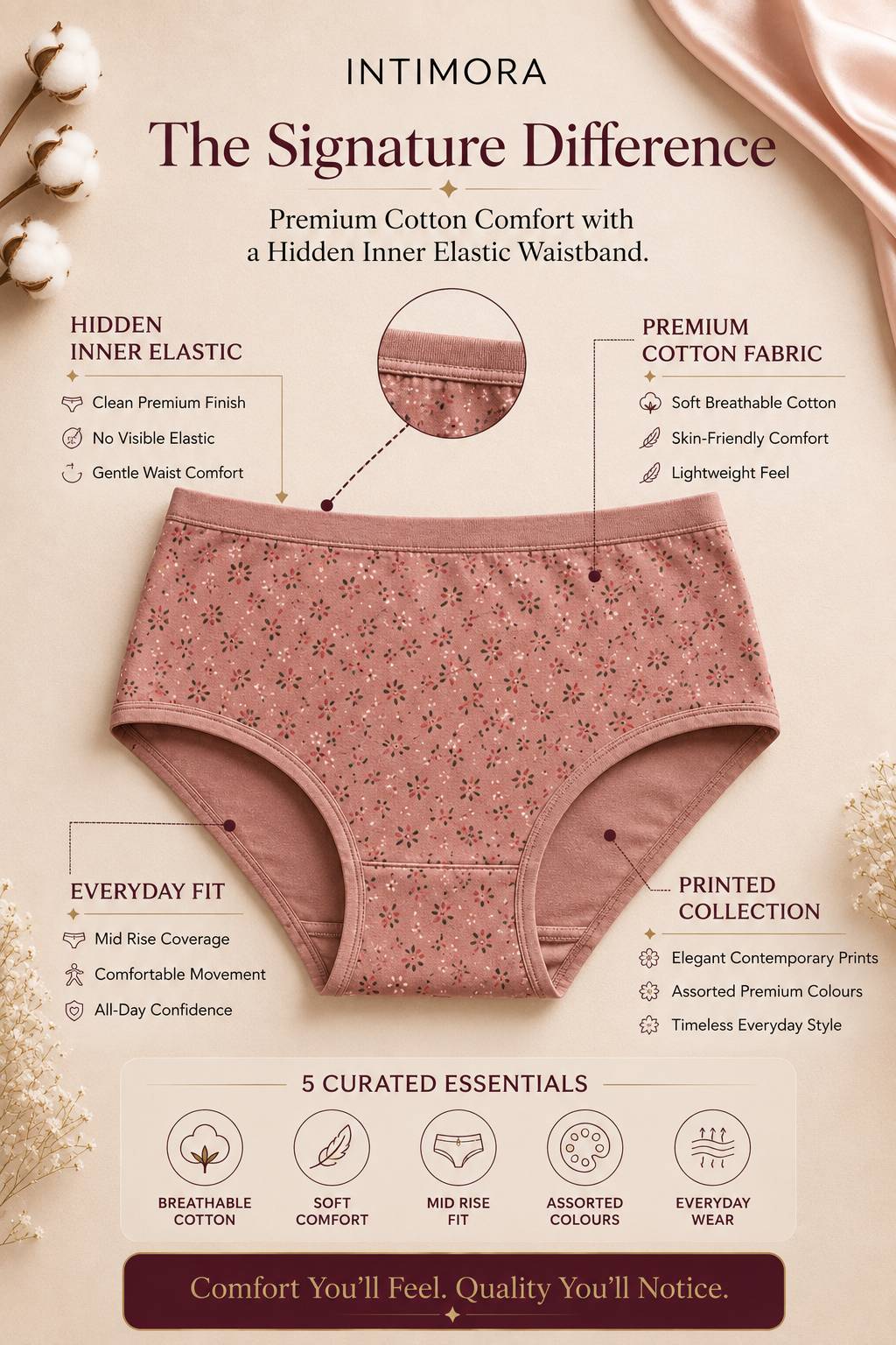 INTIMORA Yonika Signature Premium Cotton Printed Panties Pack of 5 (Assorted Colors & Prints)