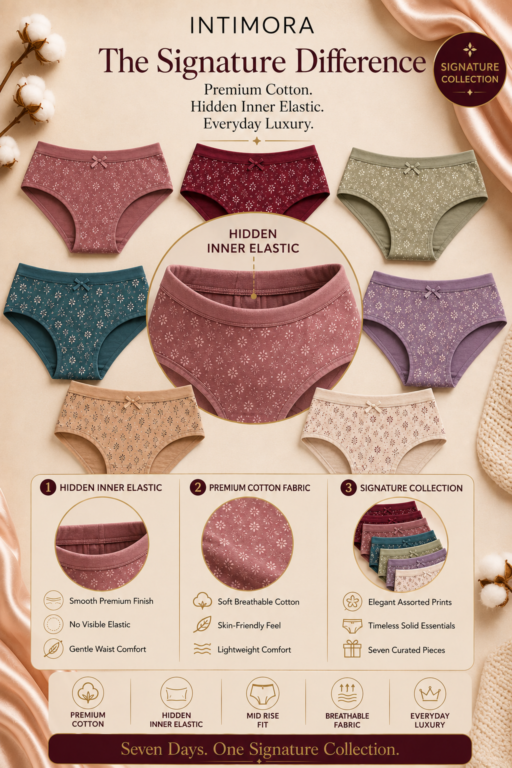 INTIMORA Yonika Signature Cotton Collection – Pack of 7 premium printed panties (Assorted prints & colors)