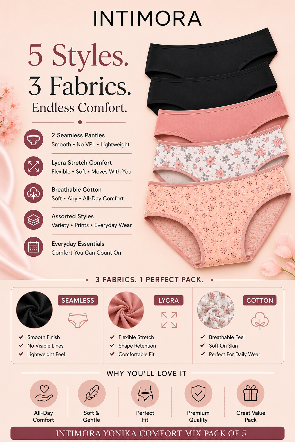 INTIMORA Yonika Assorted Comfort Panty Pack of 5 – Seamless, Printed & Stretch Fit Everyday Essentials (Assorted Colors & Prints)
