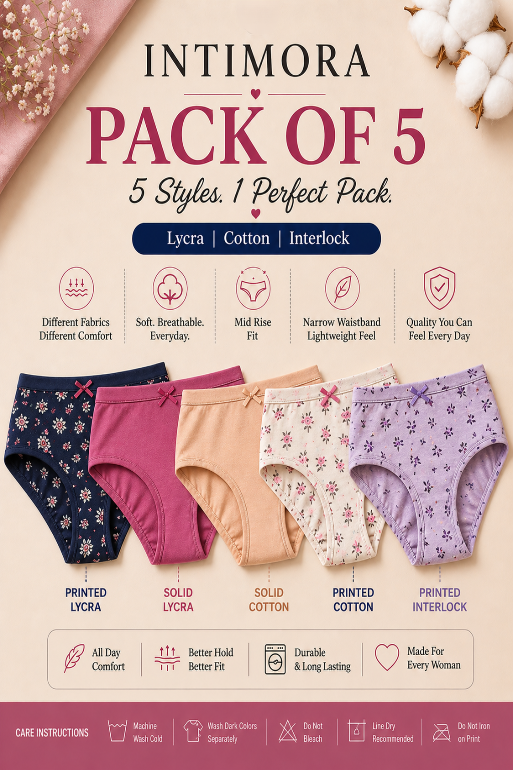 INTIMORA Yonika Pack of 5 Mix Panties – Lycra + Cotton + Interlock (Printed & Solid Combo)