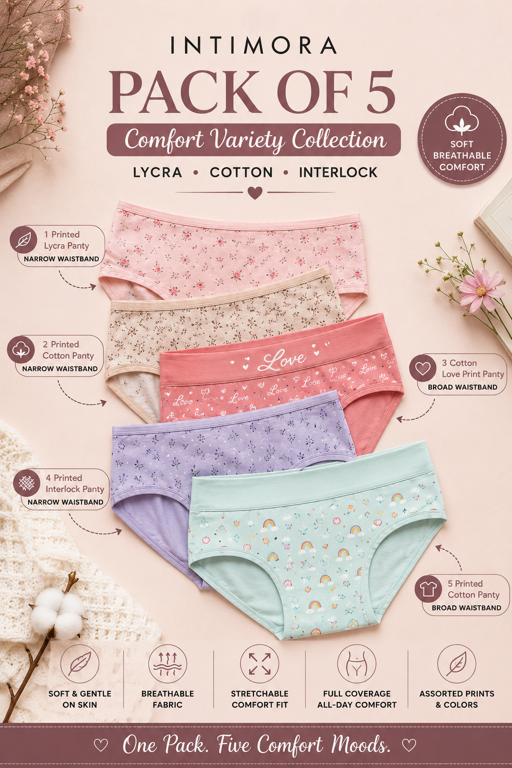 INTIMORA Comfort Variety Panties Pack of 5 – Printed Cotton, Lycra & Interlock Panties (Assorted Colors & Prints)