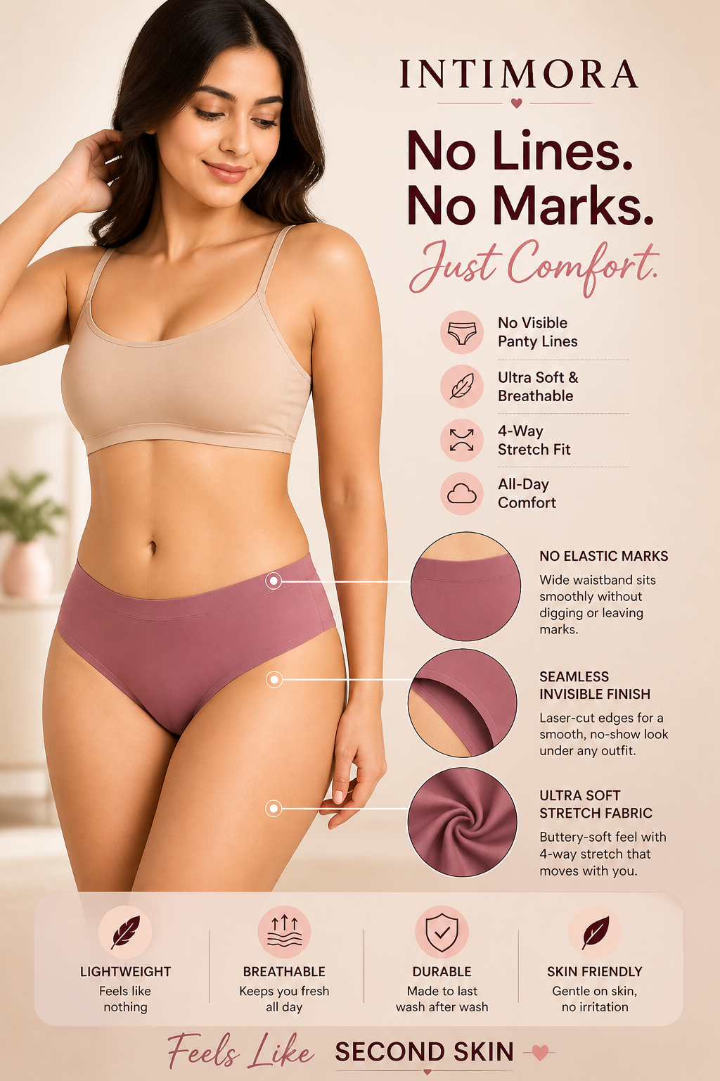 INTIMORA Yonika Seamless Panties Pack of 5 – No VPL, Mid Rise Invisible Fit (Ultra Soft Stretch)