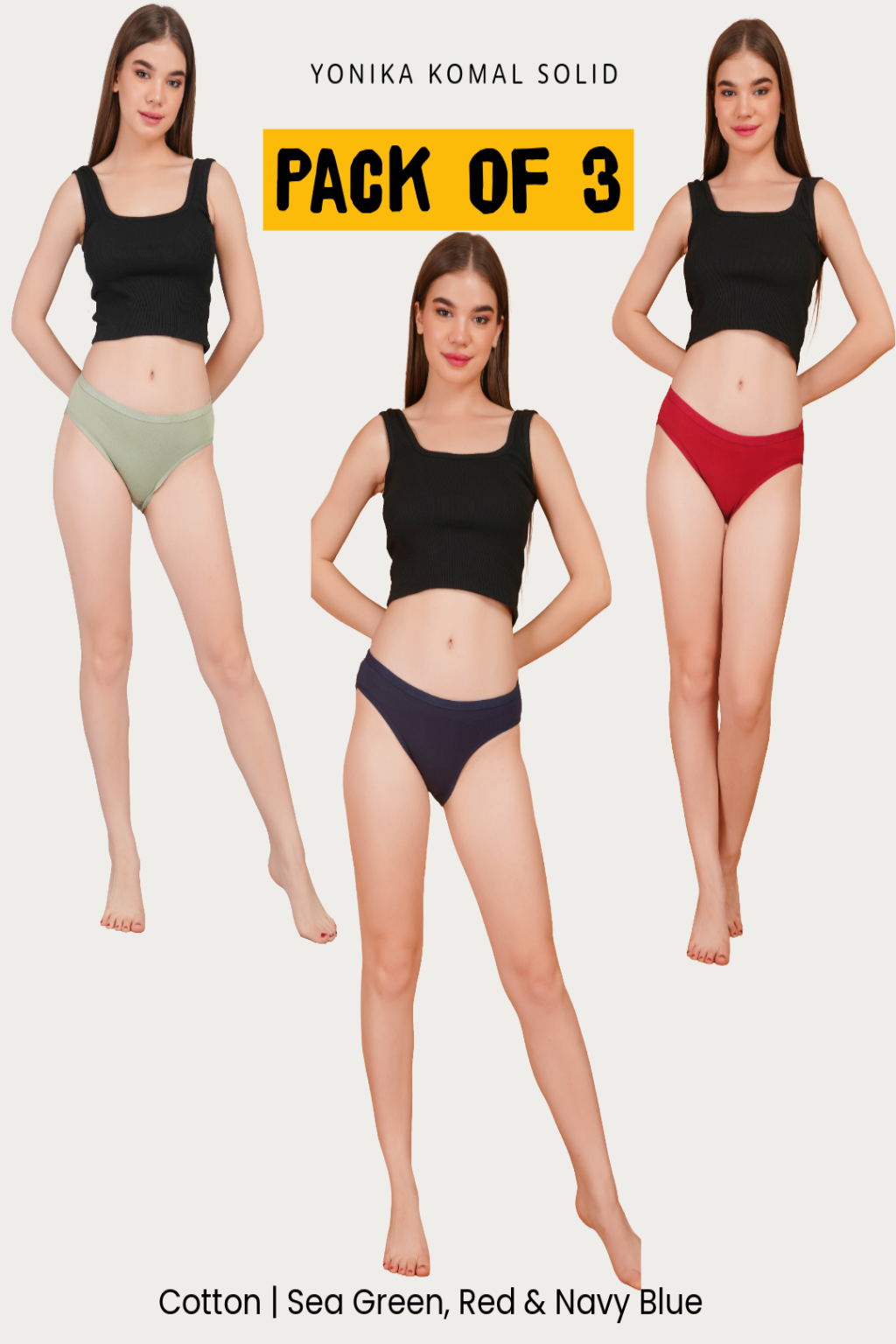 Yonika Komal Solid panties pack of 3 in sea green red and navy blue with mid-rise fit and soft lycra fabric
