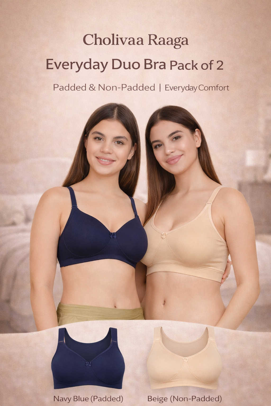 Cholivaa Raaga Pack of 2 bras featuring navy blue padded bra and beige non-padded bra for everyday comfort