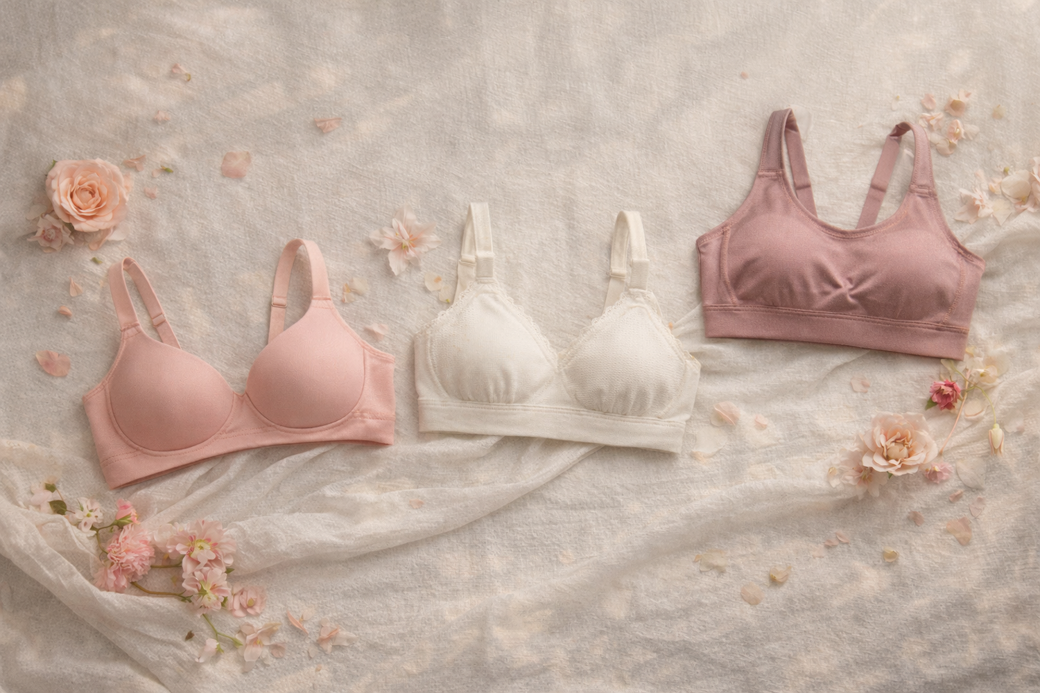 Flat-lay showcasing Cholivaa Raaga padded, non-padded, and Elevate bras by INTIMORA, inspired by rhythm, comfort, and everyday elegance