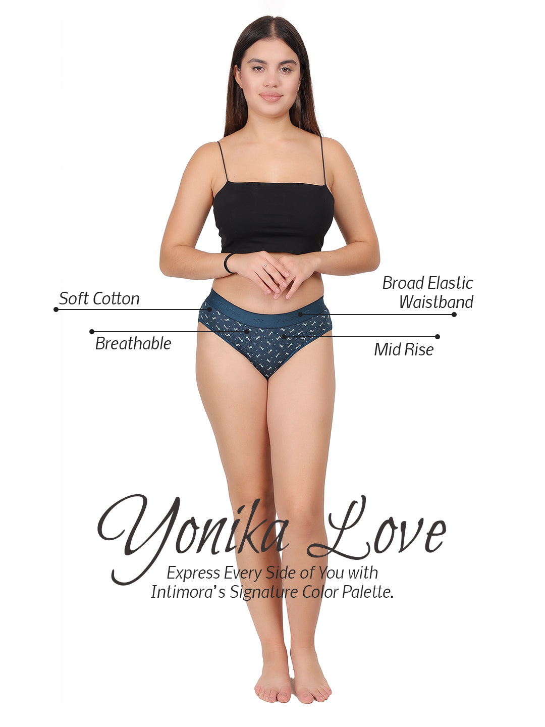 INTIMORA Yonika Love Printed Cotton Panties Pack of 5 – Broad Waistband Mid Rise (Assorted Colors)