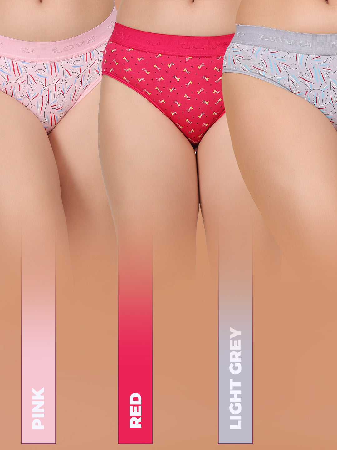 Yonika Love Printed Panties | Pack of 3 | Pink, Red &amp; Light Grey