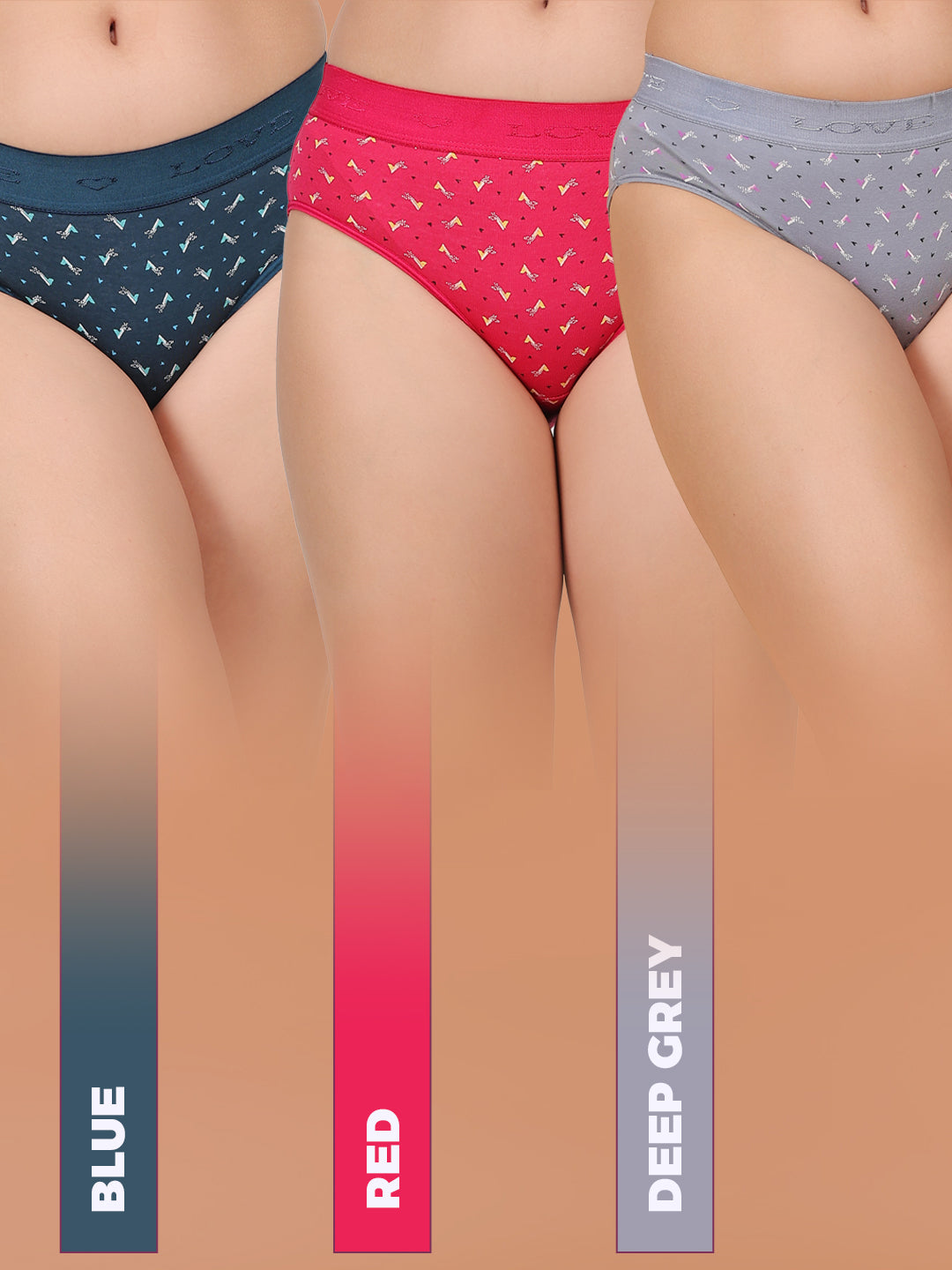 Yonika Love Printed Panties | Pack of 3 | Red, Blue &amp; Deep Grey