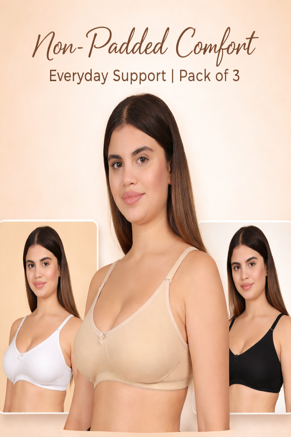 Woman wearing a beige non-padded bra with insets of other bra colors on a beige background.