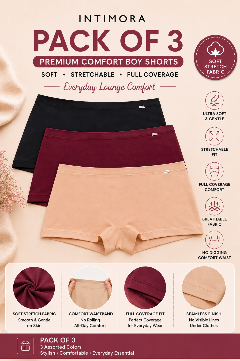 INTIMORA Premium Comfort Boy Shorts Pack of 3 – Soft Stretch Full Coverage Boyshort Panties for Women