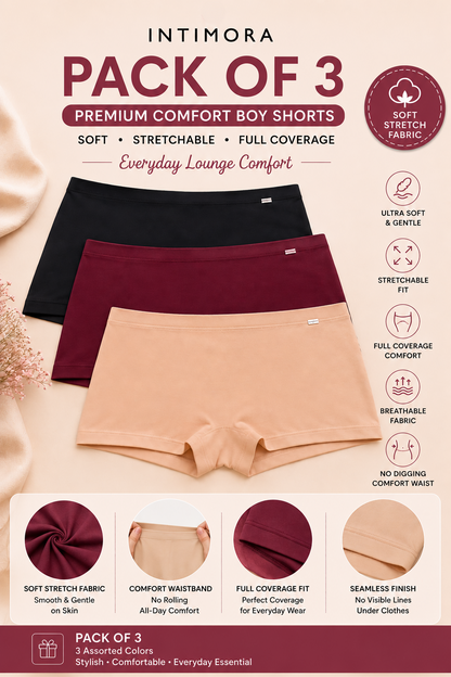 INTIMORA Premium Comfort Boy Shorts Pack of 3 – Soft Stretch Full Coverage Boyshort Panties for Women
