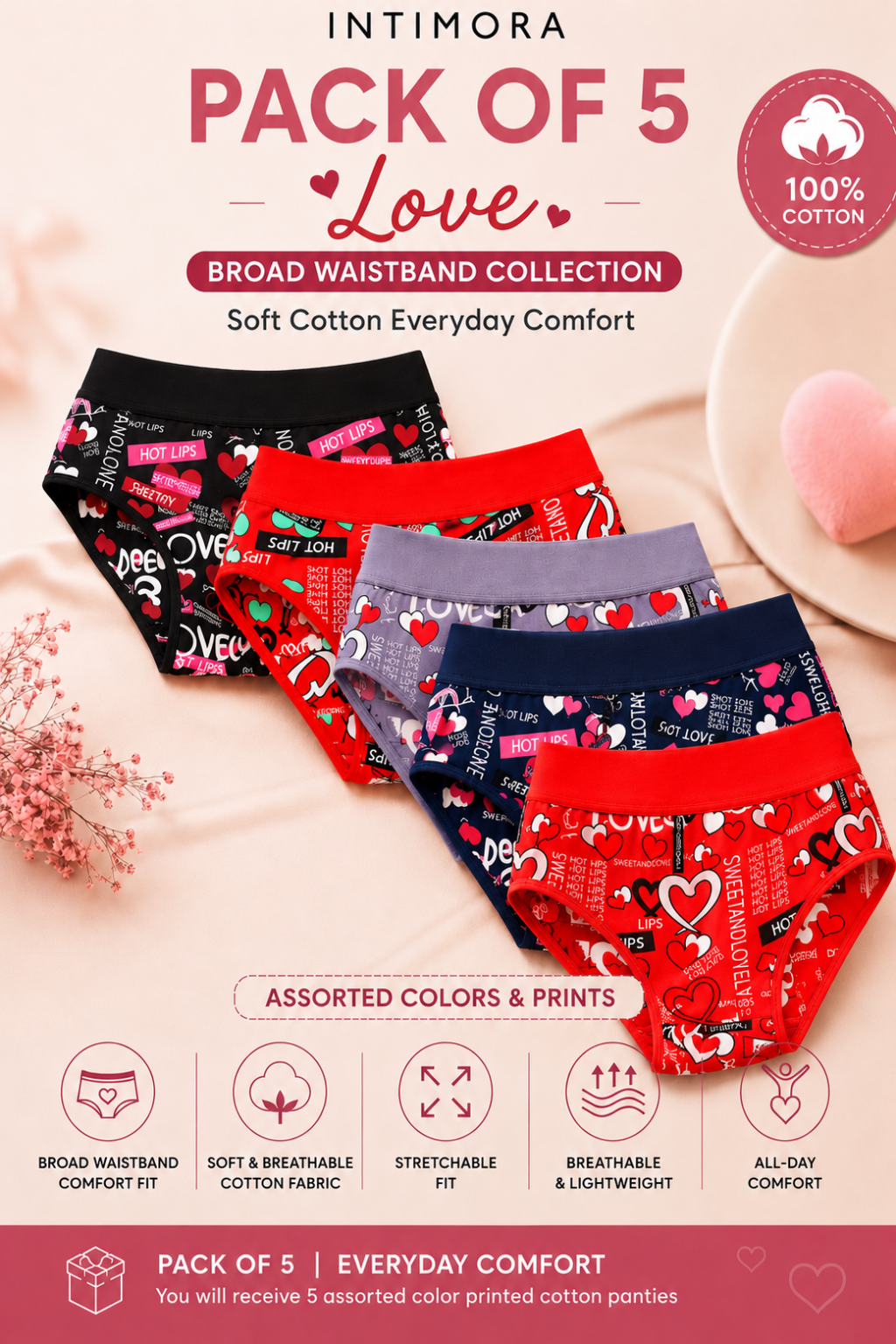 Pack of 5 assorted cotton panties with love-themed prints on a light background.