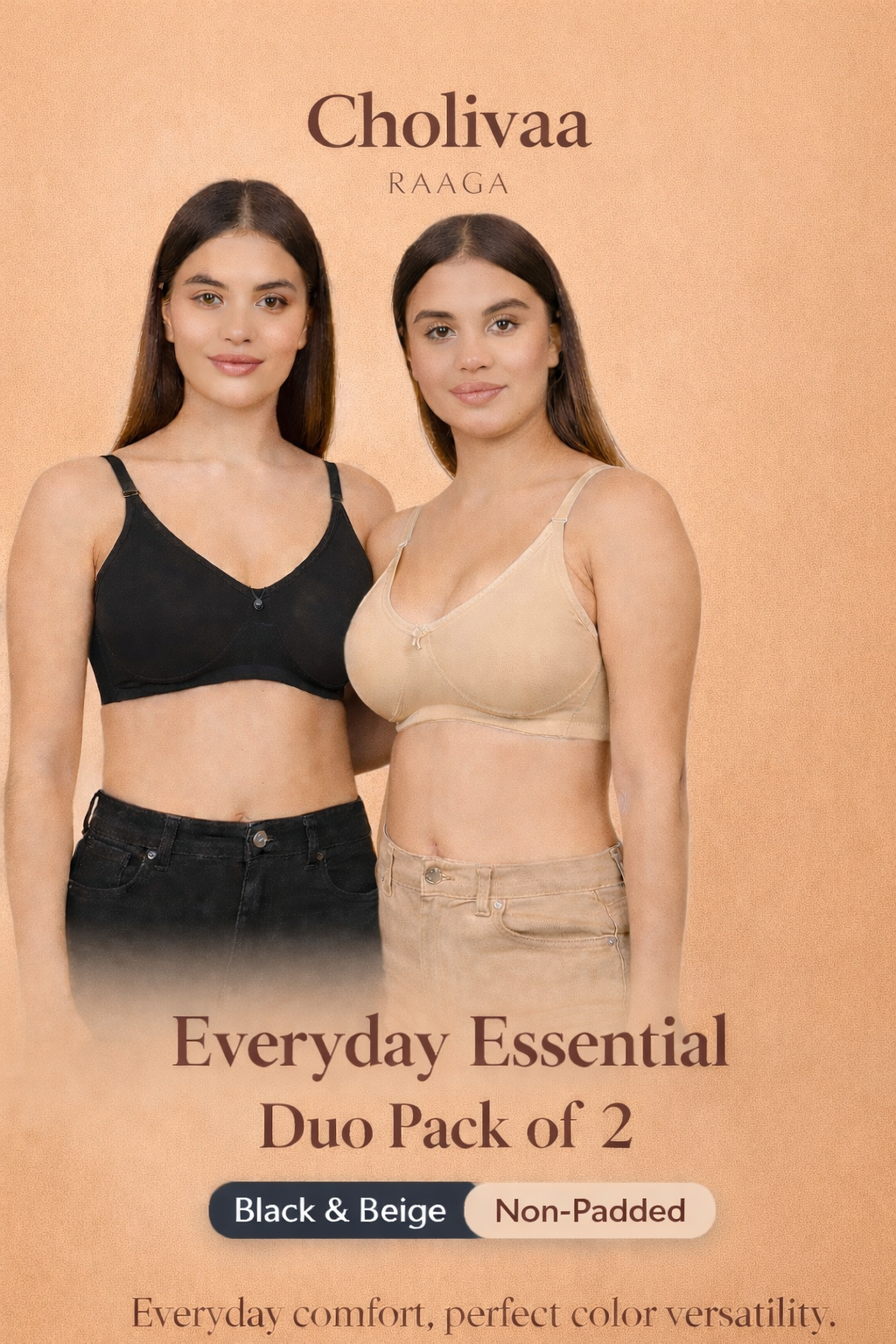 Everyday Essential Duo Bra Pack of 2 – Black &amp; Beige (Non-Padded)