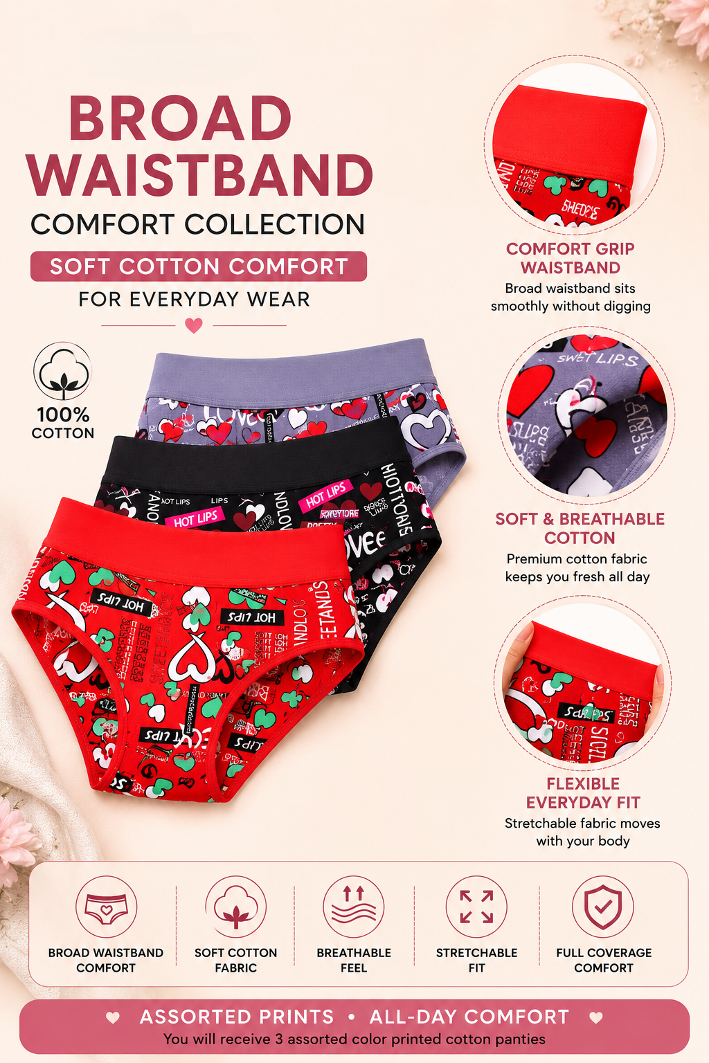 INTIMORA Love Broad Waistband Cotton Panties Pack of 3 – Assorted Prints &amp; Colors