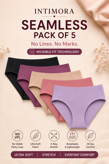 INTIMORA Yonika Seamless Panties Pack of 5 – No VPL, Mid Rise Invisible Fit (Ultra Soft Stretch)