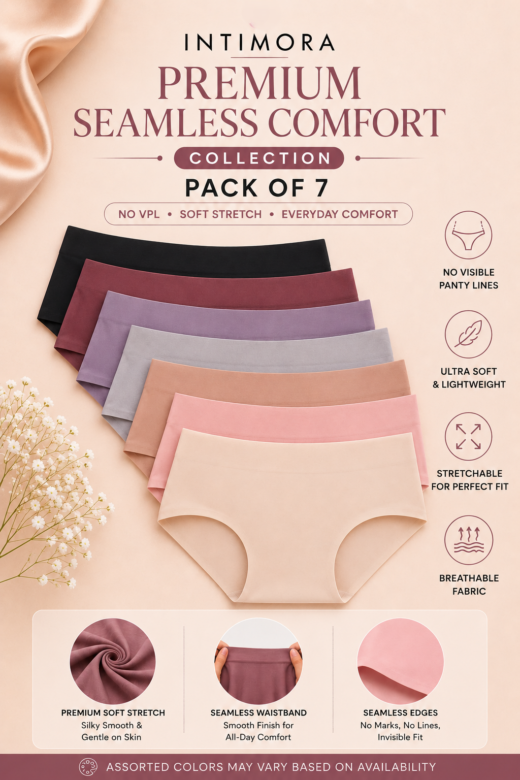 Intimora Premium Seamless Comfort collection packaging with seven pairs of underwear in various colors on a light pink background.