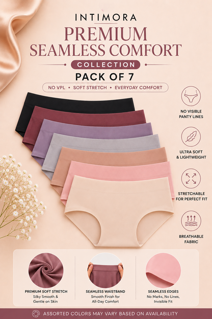 Intimora Premium Seamless Comfort collection packaging with seven pairs of underwear in various colors on a light pink background.