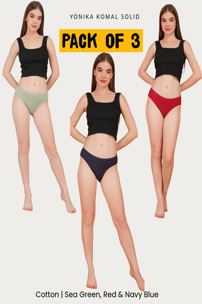 Yonika Komal Solid panties pack of 3 in sea green red and navy blue with mid-rise fit and soft lycra fabric