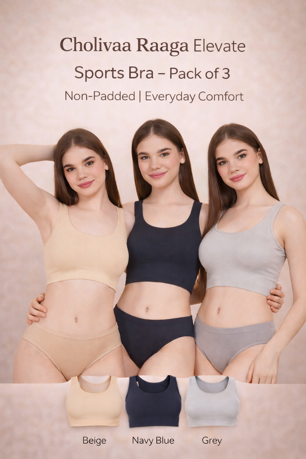 Cholivaa Raaga Elevate non-padded sports bra pack of 3 in beige, navy blue and grey, designed for everyday comfort, light workouts and all-day support