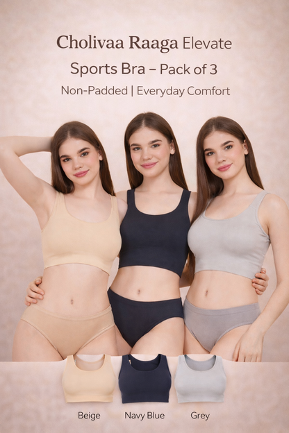 Cholivaa Raaga Elevate non-padded sports bra pack of 3 in beige, navy blue and grey, designed for everyday comfort, light workouts and all-day support