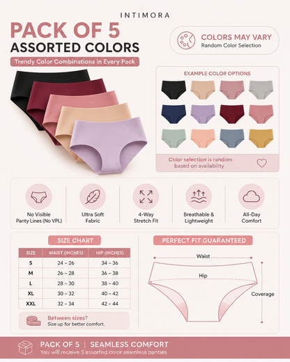 INTIMORA Yonika Seamless Panties Pack of 5 – No VPL, Mid Rise Invisible Fit (Ultra Soft Stretch)