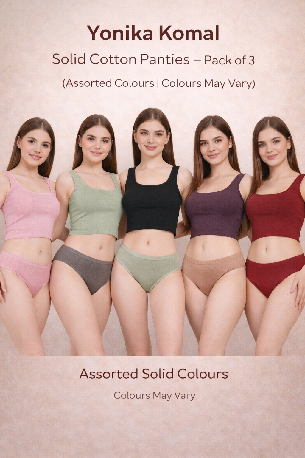 Yonika Komal solid cotton panties pack of 3 assorted colours, women’s everyday full coverage panties with soft breathable fabric