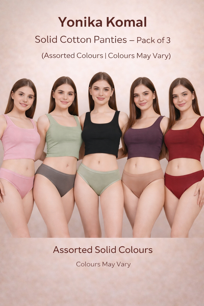 Yonika Komal solid cotton panties pack of 3 assorted colours, women’s everyday full coverage panties with soft breathable fabric