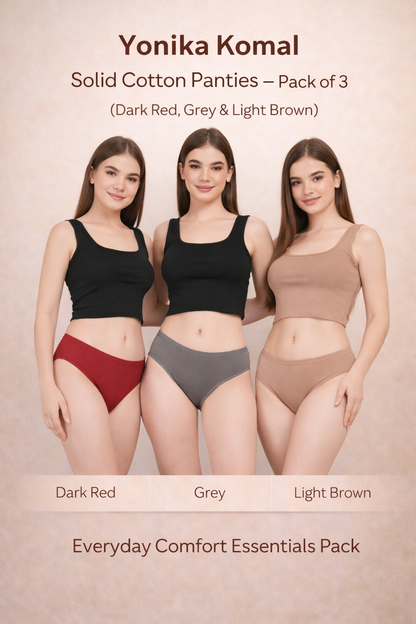 Yonika Komal solid cotton panties pack of 3 in dark red, grey and light brown for everyday comfort