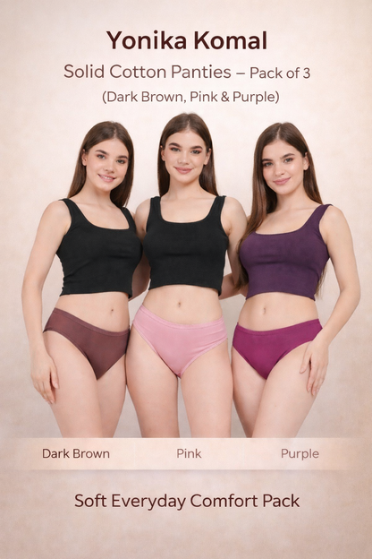 Yonika Komal solid cotton panties pack of 3 in pink, dark brown and purple for everyday comfort