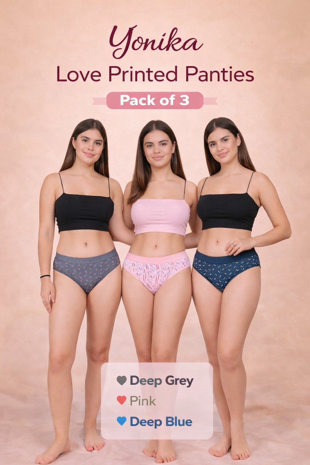 Yonika Love pack of 3 printed mid-rise panties with broad waistband in deep grey, pink and deep blue colours for everyday comfort