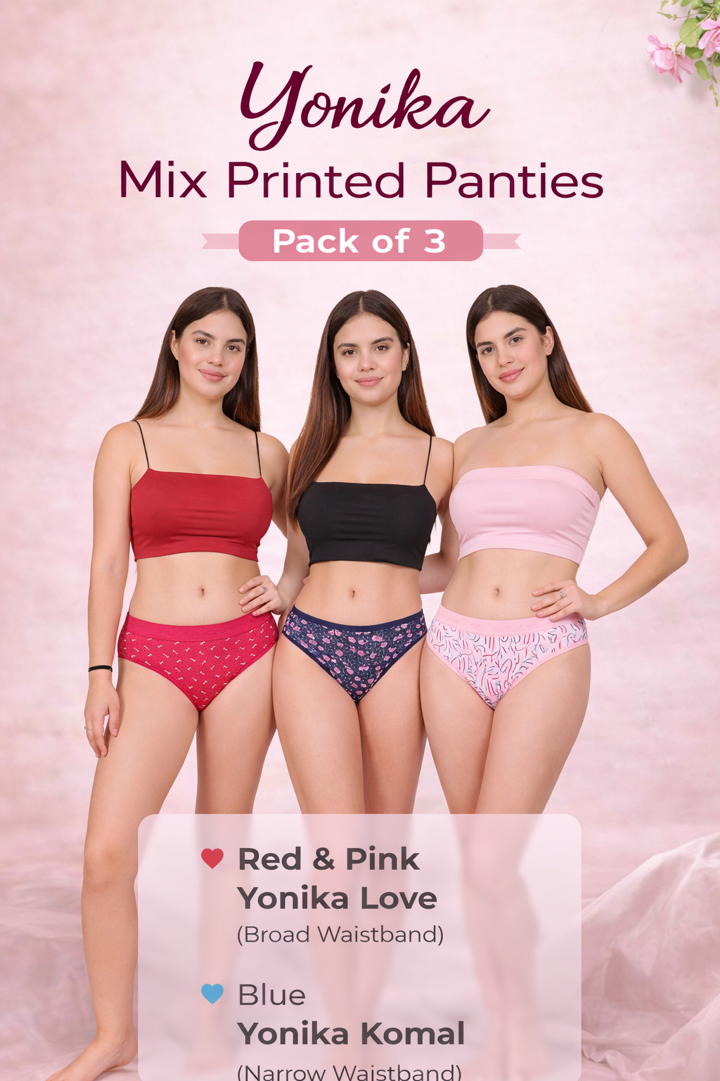 Yonika mix printed panties pack of 3 featuring Love and Komal mid rise styles with broad and narrow waistbands in red, pink and blue