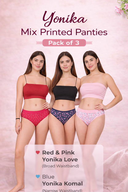Yonika mix printed panties pack of 3 featuring Love and Komal mid rise styles with broad and narrow waistbands in red, pink and blue